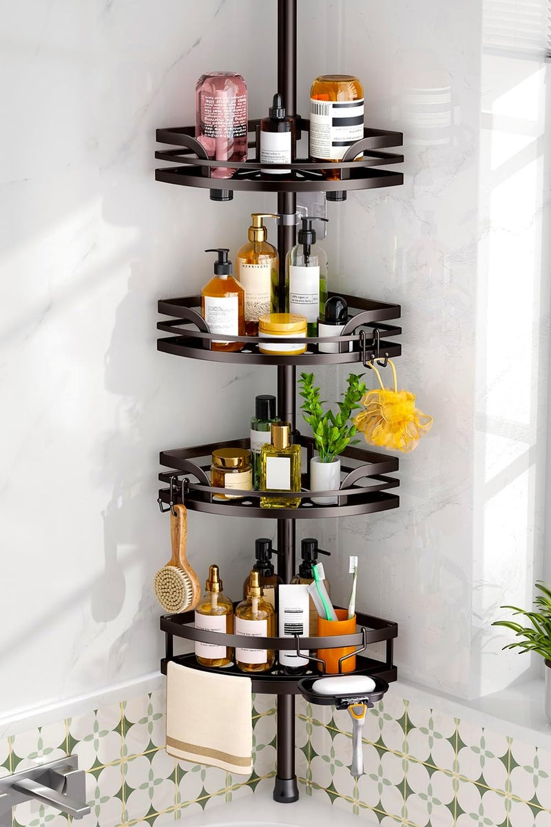 HAMITOR Shower Caddy Tension Pole: Rustproof Bathroom Corner Shelf for Renters, 47-121 inches Adjustable Organizer with Soap Holder-Large Capacity Rack for Shampoo Storage Home Accessory- Bronze - Image 1